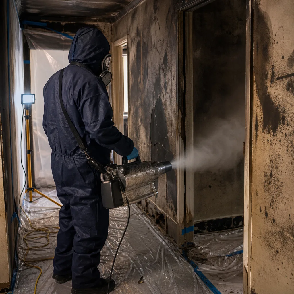 Technician using smoke odor removal equipment in fire damaged building