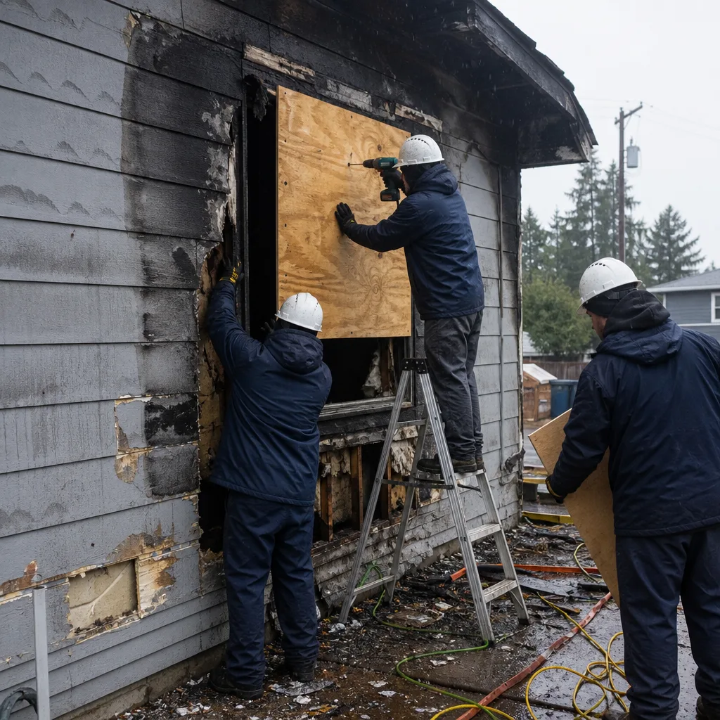 Restoration workers boarding up a window on a fire damaged home exterior.