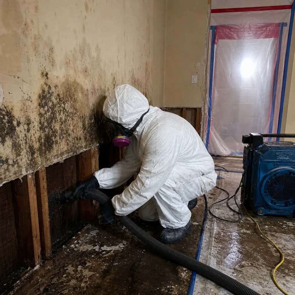 Professional in hazmat suit performing mold remediation with a HEPA vacuum