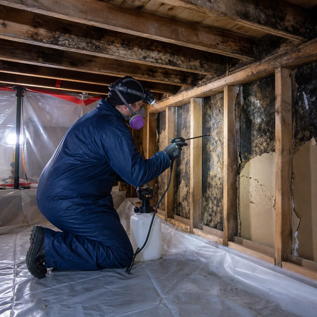 Mold remediation technician spraying cleaning solution on damaged wall studs