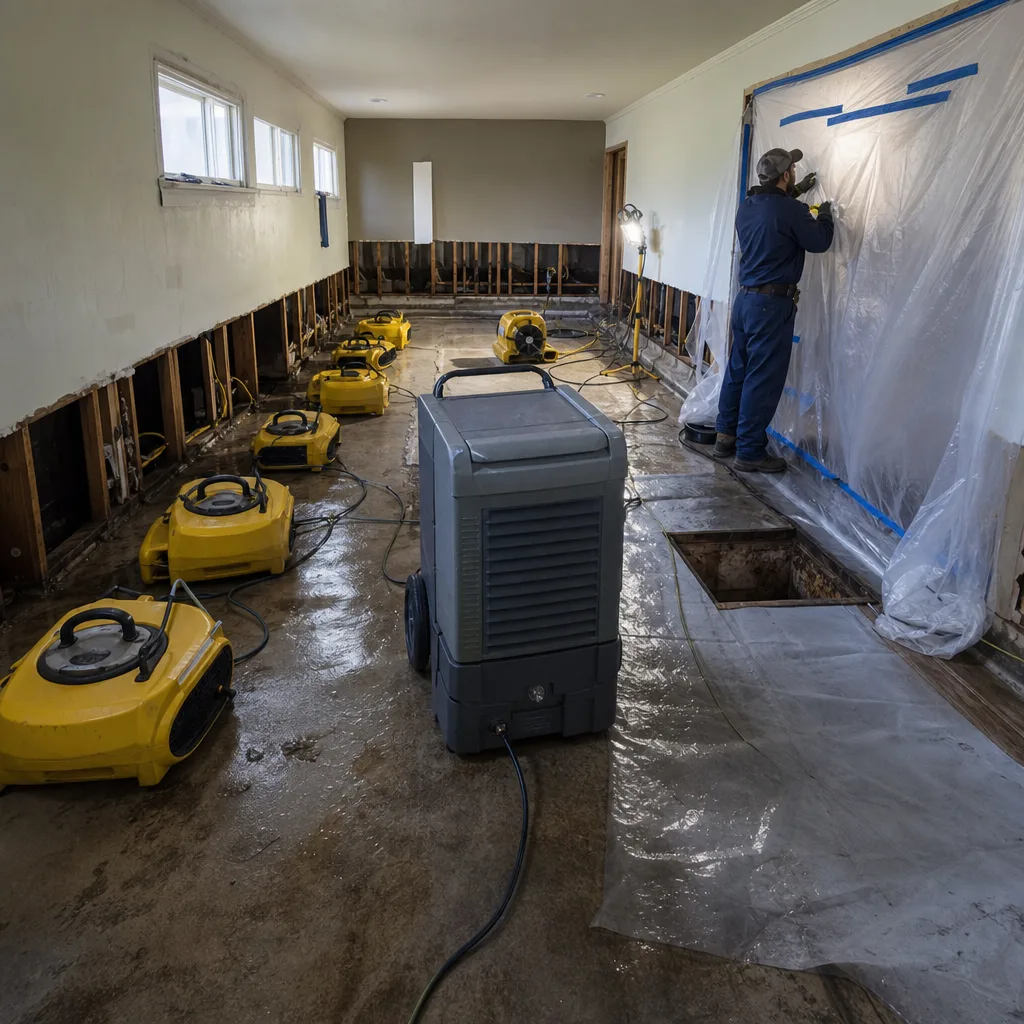 Technician performing professional water damage restoration in a residential home.