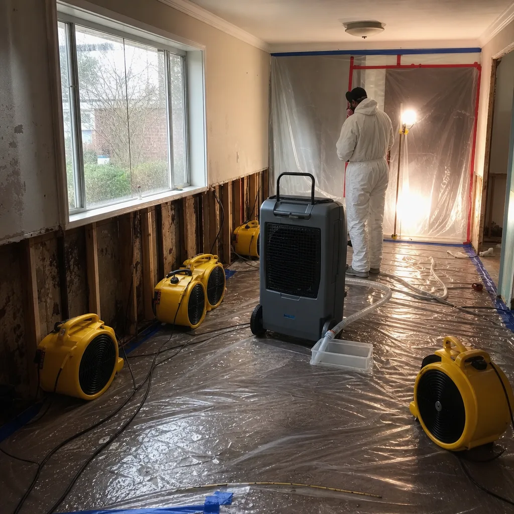 Water damage restoration technician using industrial drying equipment in a home