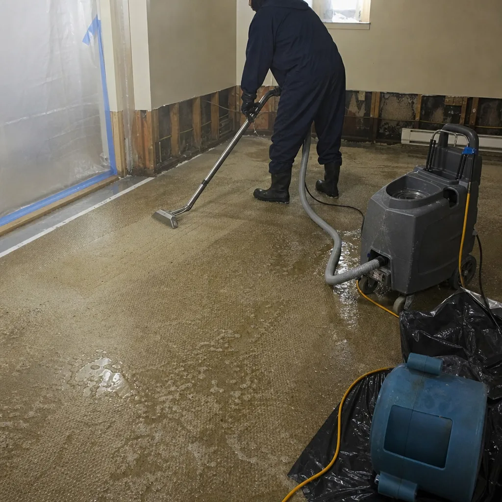 Technician performing water damage restoration on a flooded floor.