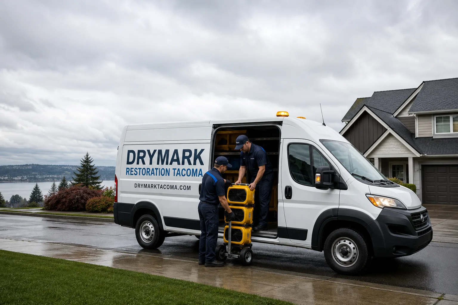 DryMark Restoration Tacoma damage restoration service vehicle and crew in Tacoma, WA